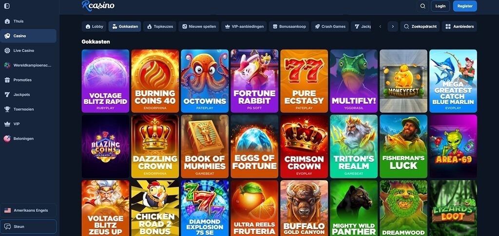 Bladeren door de RCasino-spellen-lobby