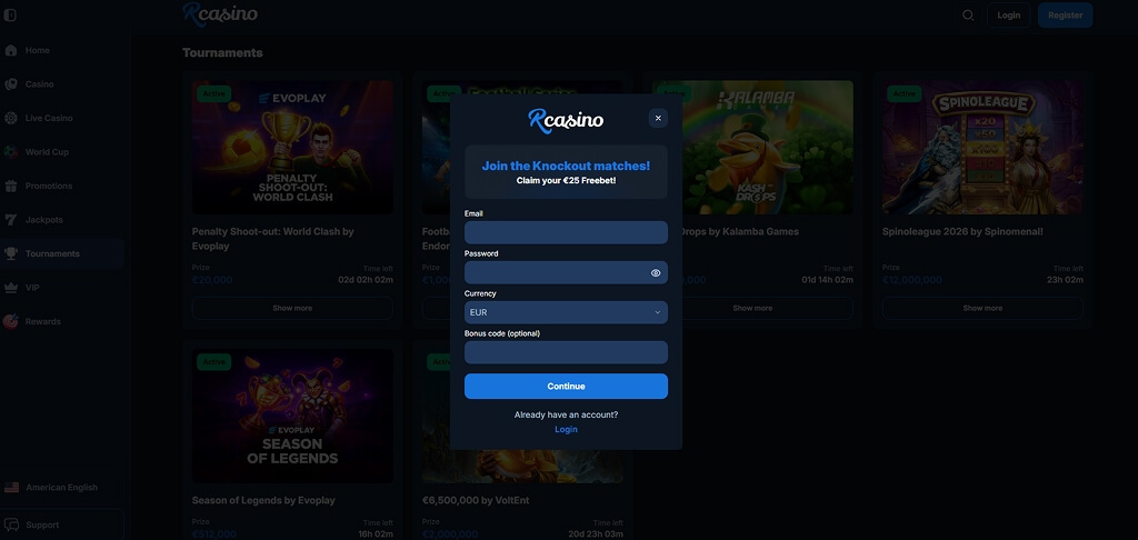 RCasino registration form